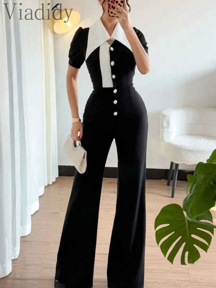 Women'S Formal Jumpsuit Evening Wear - بدلة نسائية أنيقة بألوان متباينة وياقة