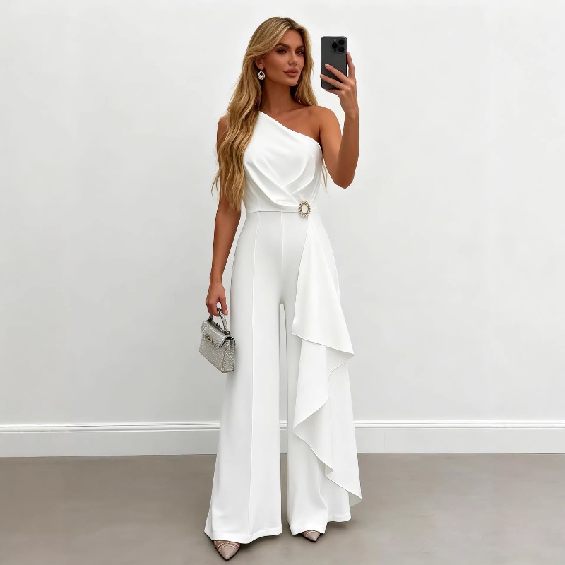 Women'S Formal Jumpsuit Evening Wear - جمبسوت نسائي أنيق أبيض بكتف واحد،