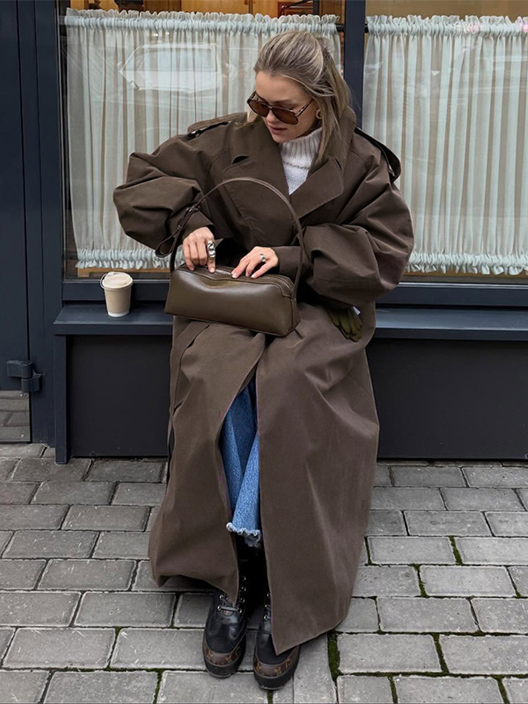 Trench Coat Formal - معطف نسائي فضفاض مقاوم للرياح بأكمام