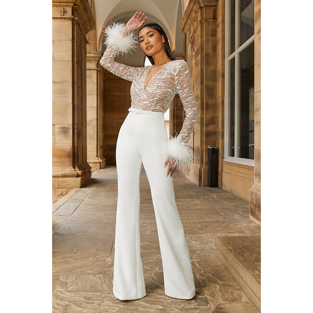 Women'S Formal Jumpsuit Evening Wear - فستان سهرة أنيق مع ريش للنساء