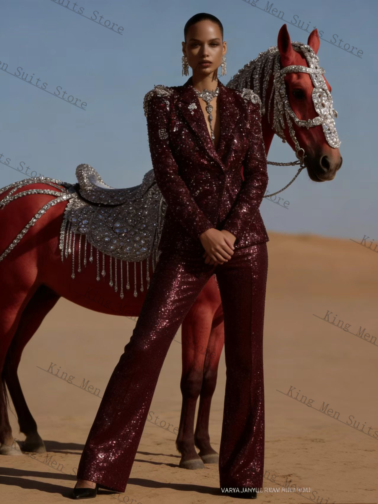 Women Luxury Formal Wear - طقم بدلة نسائية لامعة باللون البورغندي