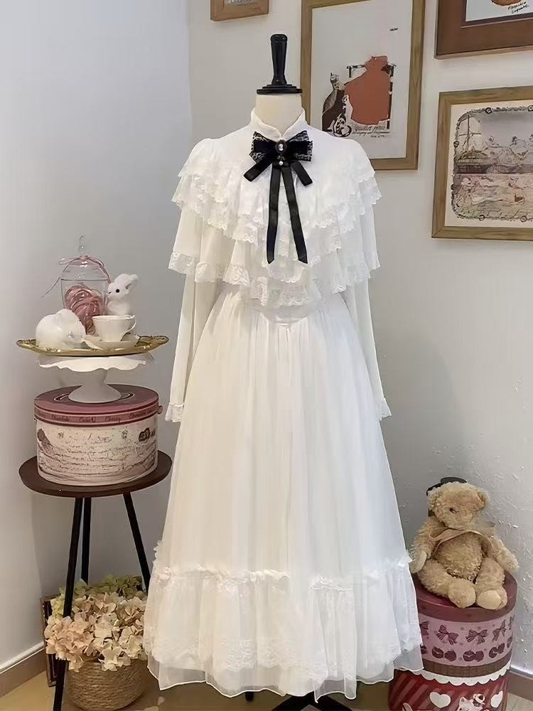 Formal Wear Women Us - اليابانية قصيرة الأكمام القوس فستان الدانتيل