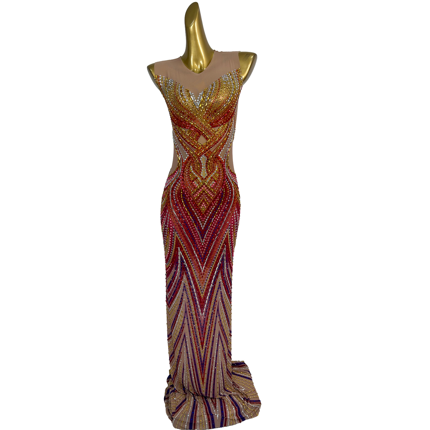 Women Formal Party Wear Dress - فستان سهرة طويل مزين بالكريستال للنساء،