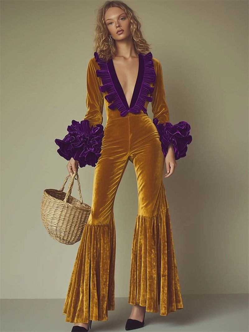 Women'S Formal Jumpsuit Evening Wear - جمبسوت نسائي مخملي أصفر بنفسجي، بياقة