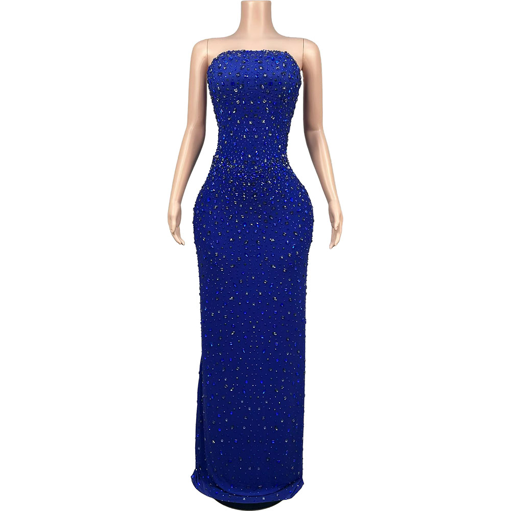 Women Luxury Formal Wear - فستان سهرة أزرق لامع مرصع بالكريستال