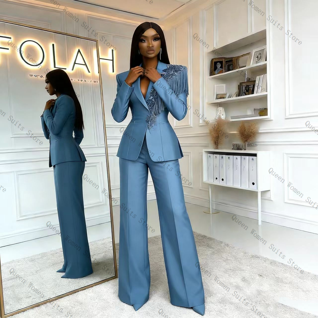 طقم بدلة نسائية زرقاء مزينة با - مراجعة Women Formal Wear Blazer Set وسعره