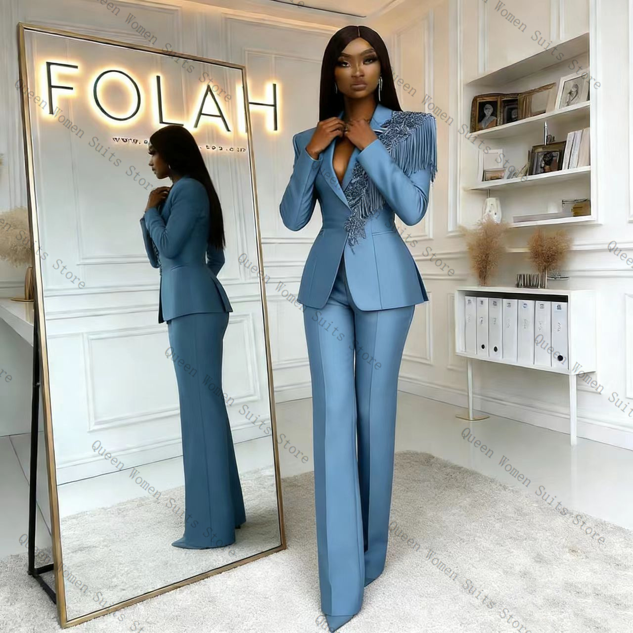 طقم بدلة نسائية زرقاء مزينة با - مراجعة Women Formal Wear Blazer Set وسعره