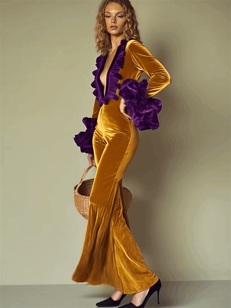 جمبسوت نسائي مخملي أصفر بنفسجي - مراجعة Women'S Formal Jumpsuit Evening Wear وسعره